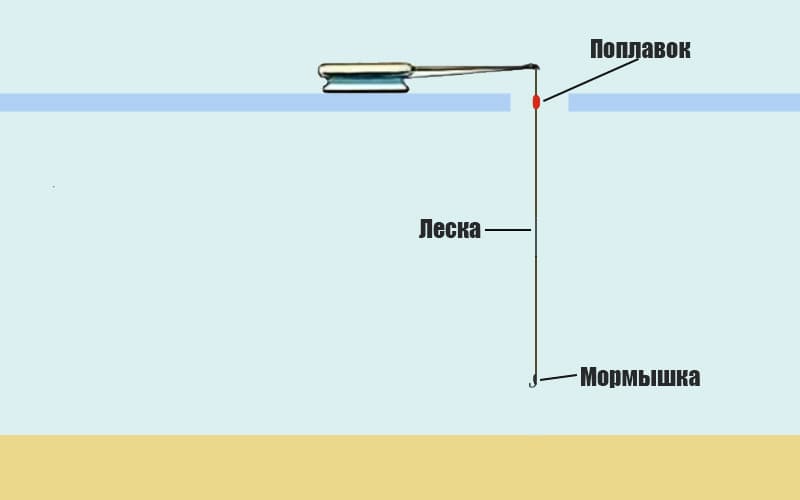 На схеме ловли плотвы на поплавок с мормышкой присутствует: поплавок, леска, мормышка